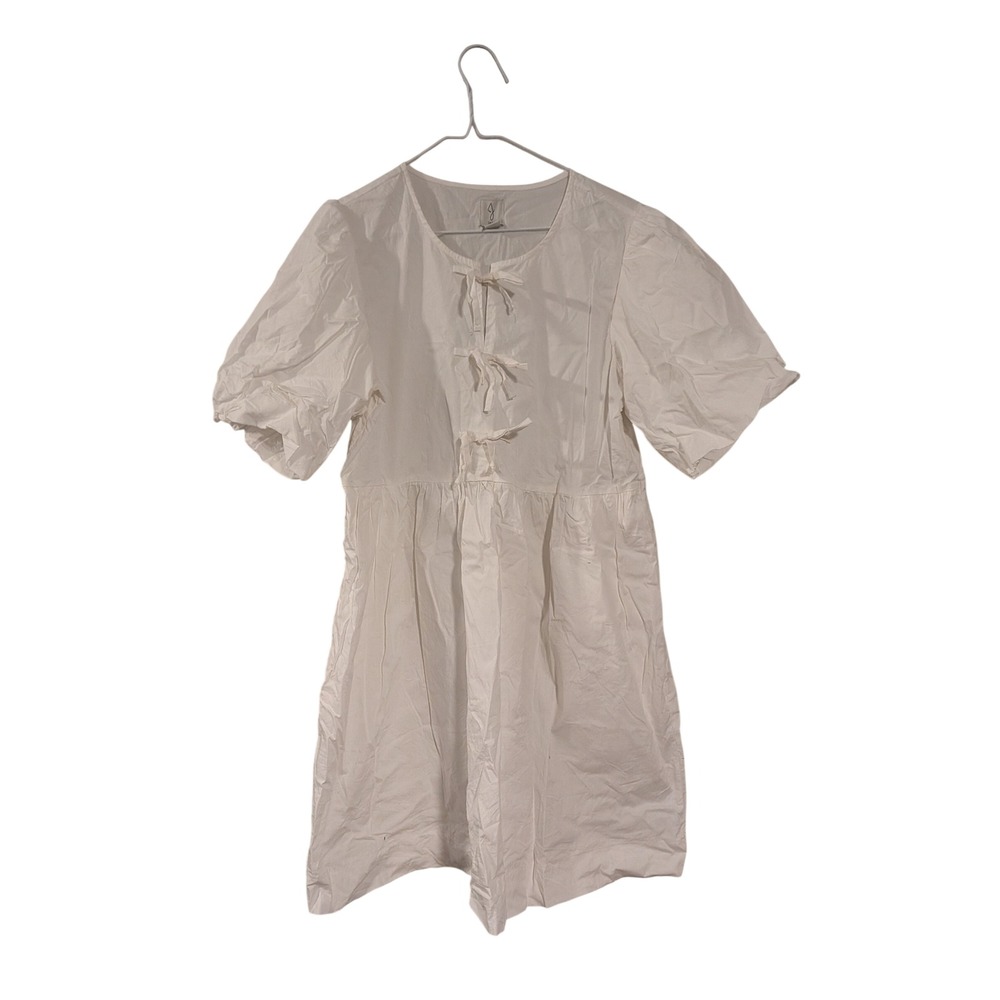 Joie Mini Dress Womens Medium White Cotton Puff Sleeve Bow Tie Front Cottagecore